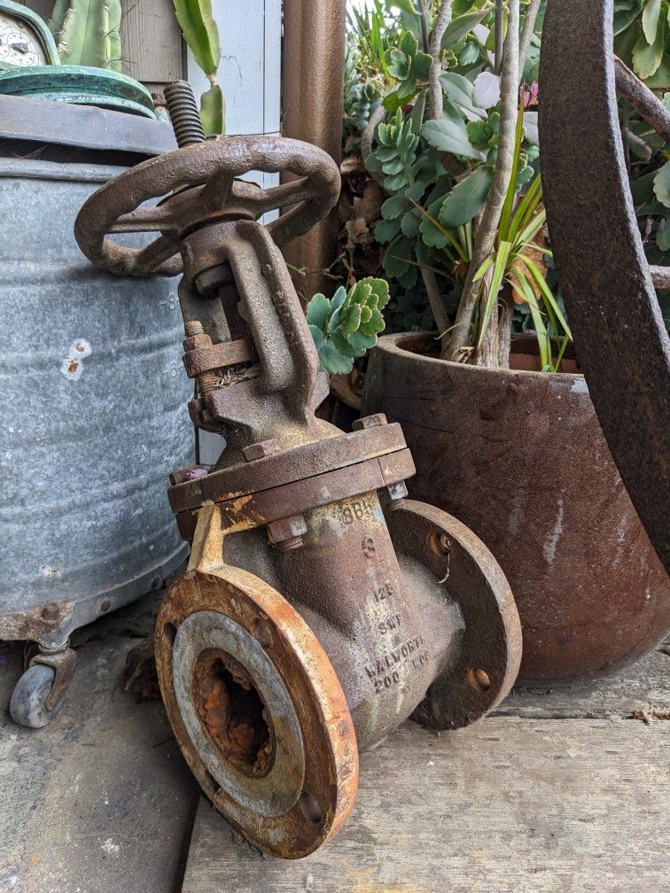 Antique Gate Valve Industrial Nautical Steampunk Decor Garden Rusty Rustic Wheel Pipeline Oil Patina