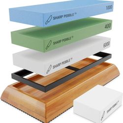 Sharp Pebble Knife Sharpening Stones Kit -Grits 400/1000/6000 Extra Large Whetstone- Wet Stone Knives Sharpener Set with NonSlip Bamboo Base - NIB