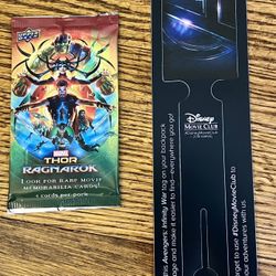 Disney Movie Club Thor Ragnarok Upper Deck card 5-pack + Marvel collectible luggage Tag 