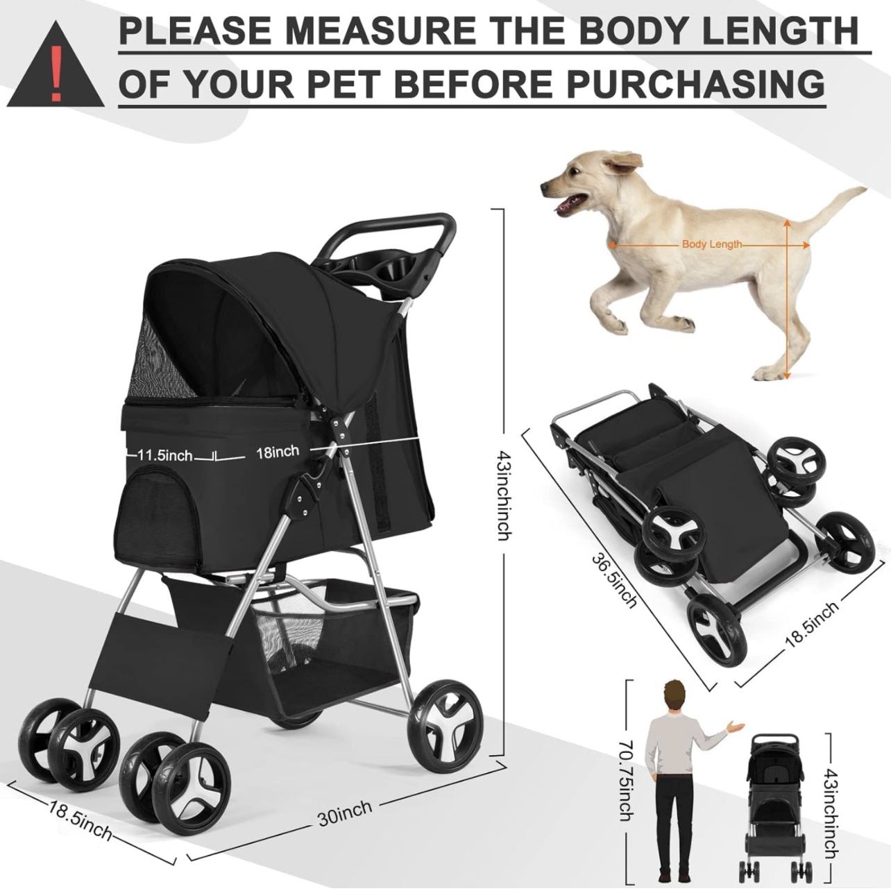 Pet Dog Stroller, Handle 360° Wheel Foldable Dogs Stroller with Storage Basket and Cup Holder for Small Medium Dogs & Cats