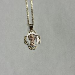 3 Tone 14k Gold Necklace Virgin Mary Pendant 