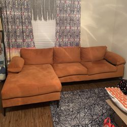 Orange Velvet Suede Sofa with Chaise