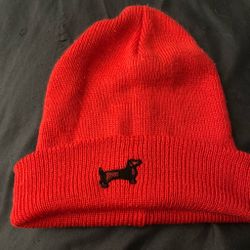 Red Knit Beanie with Dachshund Embroidery
