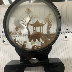 Vintage Asian Hand Carved Cork Art Diorama with Glass Enclosure