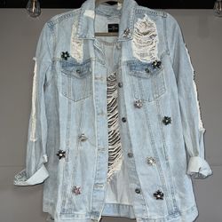 Bejeweled Distressed Denim Jacket 