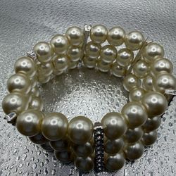 Faux Three Strand Stretch Ivory Pearl Cuff Bracelet with rhinestone spacer bar