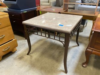Brown Steel Cage Based Marble Topped End Table