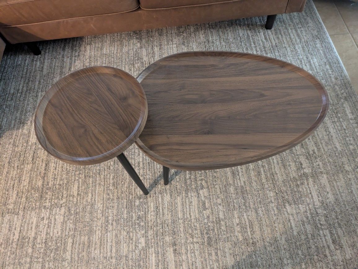 Wisfor Wood Nesting Coffee Table Set of 2, Walnut End Tables Sofa Tables