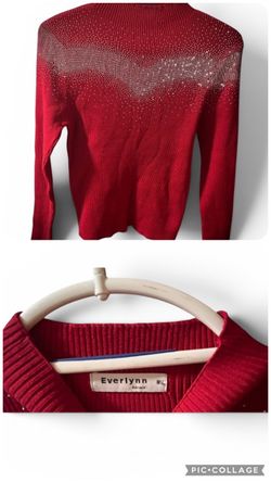 Everlynn Red Ribbed Mock Neck Rhinestone Embellished Sweater