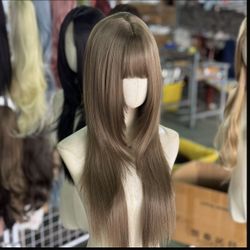 24 inch cold brown straight wig with bang