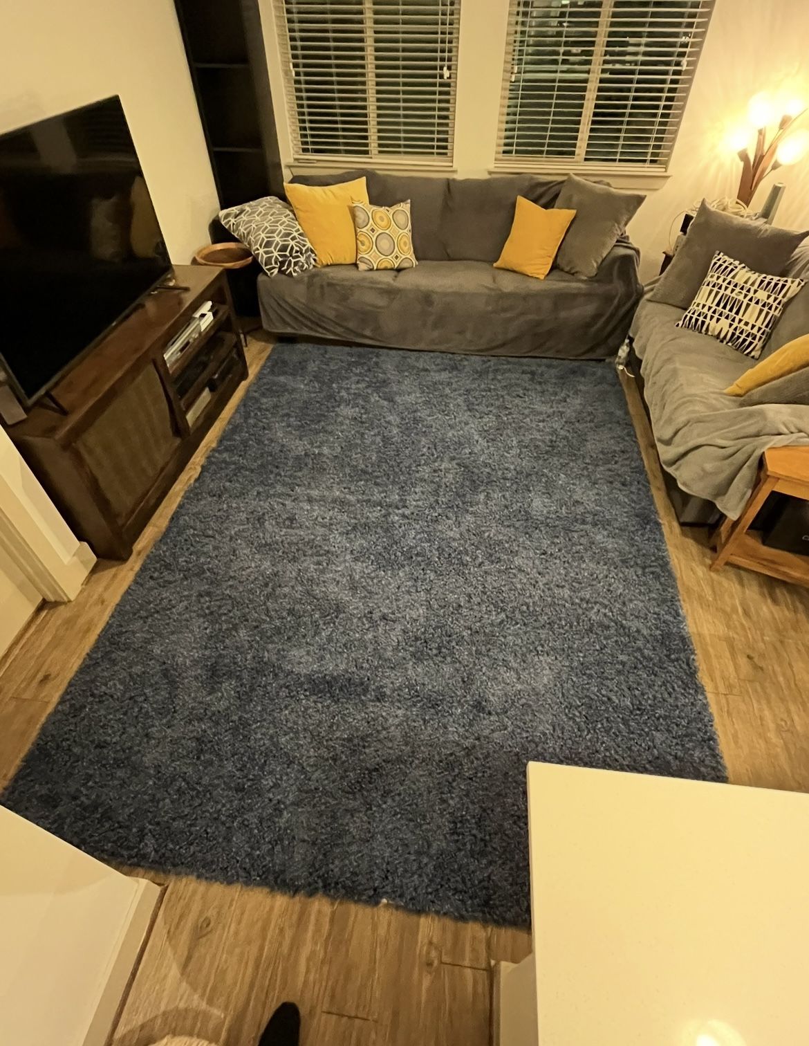 Brand NEW Blue shag rug 10 feet 6 inches by 7 feet 10 inches. Too big for me! Domino Shag Brand.