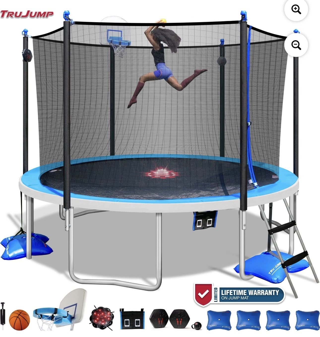 TruJump 14 FT ULTIMATE MULTIPLAY Heavy Duty Outdoor Trampoline with Dunk Zone Basketball Hoop system, Safety Enclosure Net, Electron Shooter, Water An
