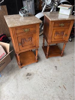Antique French Louis XVI / Renaissance Revival style oak nightstands with marble tops