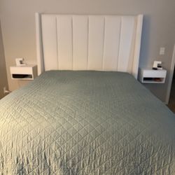White Upholstered Queen Bed Frame with Tall Headboard