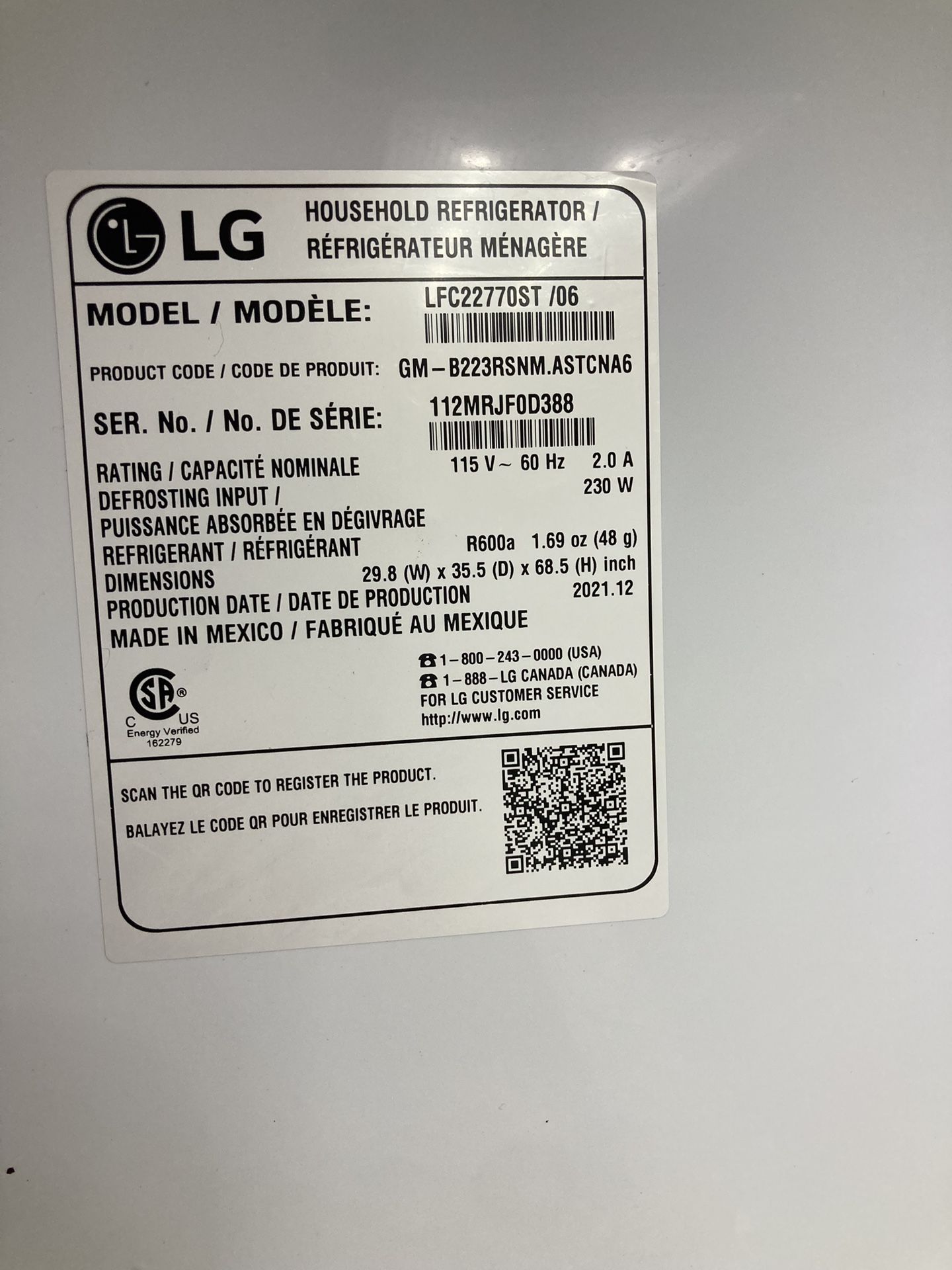 LFC22770ST /06 Side By Side Refrigerator