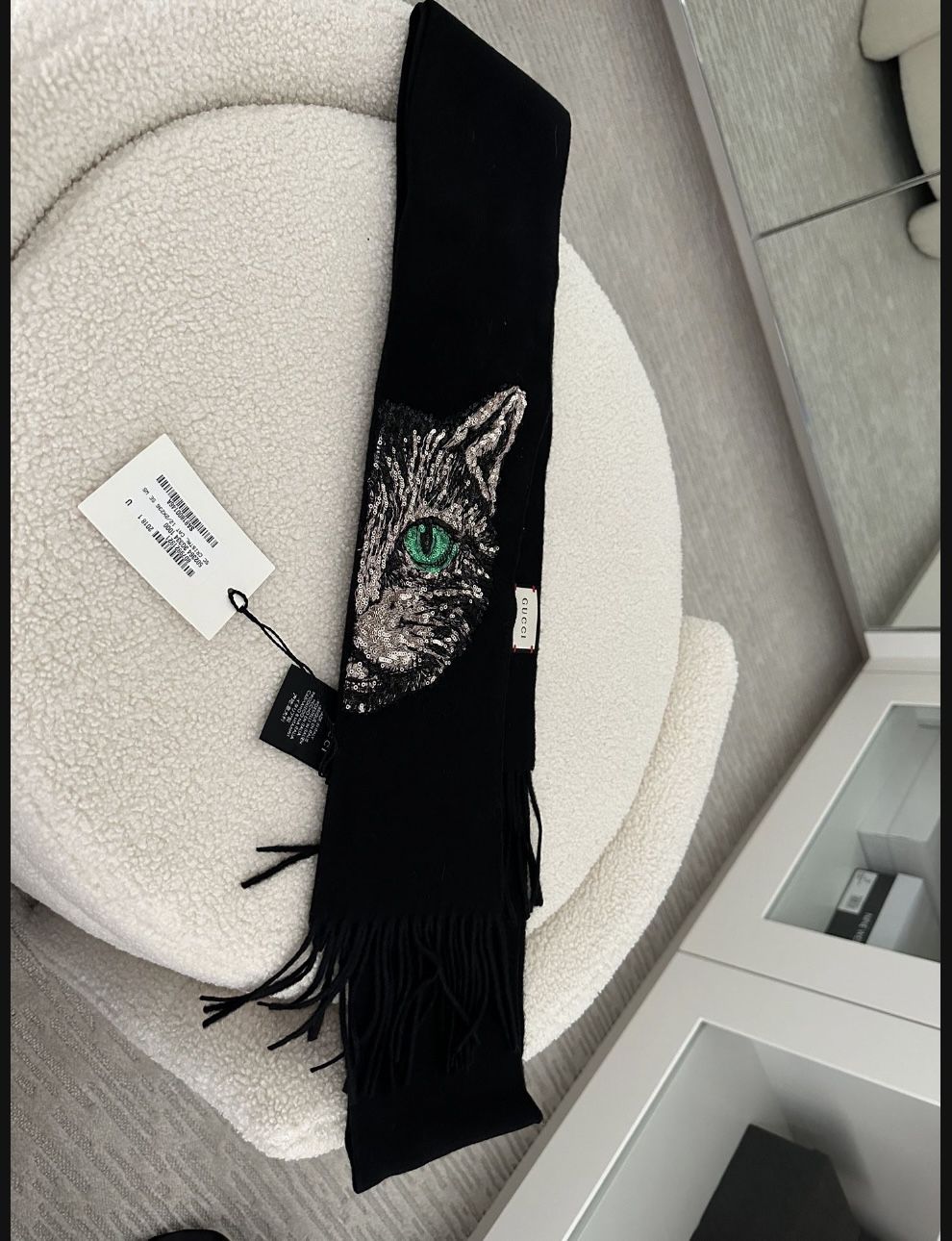 Gucci Black Silk Cashmere Blend Scarf Mystic Cat Sequin Fringe Edges NEW