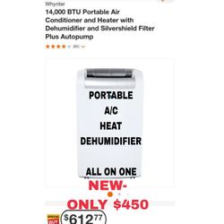 NEW-Portable AC W/HEAT- Whynter ARC-148MHP 14,000 BTU Portable Air Conditioner W/11,000 BTU Portable Air Heater w/Dehumidifier & Fan,500 Sq Ft Rooms,