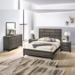 4pc Bedroom Set $549 Queen $649 Eastern King Includes bedframe Dresser mirror nightstand Grey Bedroom Set