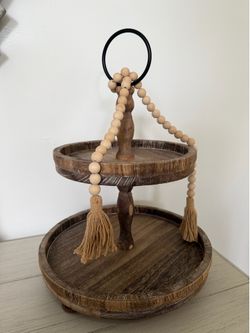 Two Tiered Tray - Wooden Decorative Display Stand with 10 Small & 12.5" Large Plates - Rustic Modern Decorations Serving Tray with Bead Garland for Ki