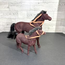 Vintage Flocked Brown Horse Pony Black Mane/ Mother and Calf 