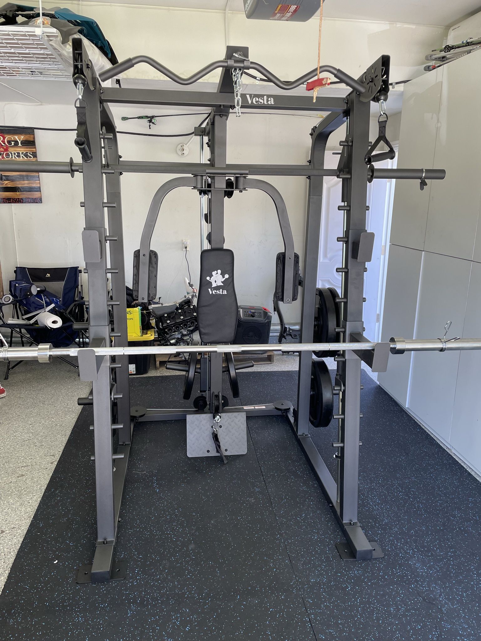 Vesta Fitness Smith Machine 2001 w/Bench Attachment | 230lb Bumpers Weights | 7ft Olympic Bar | Fitness | Gym Equipment | FREE DELIVERY 🚚