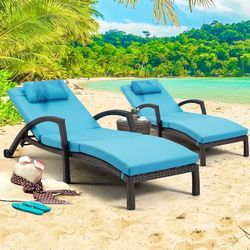Outside Chaise Lounge Chairs Set of 2, Adjustable 5 Position Outdoor PE Rattan Wicker Patio Pool Lounge Chair with Cushion, Arm, Pillow and Wheels for