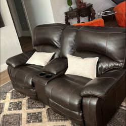 Two Seater Brown Leather Couch With Recliner Very Very Good Condition