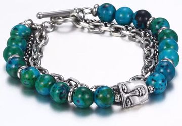 Double Faces Charm Bracelet for Men Stainless Steel Round Box Rolo Chain Green Phoenix Stone Elastic Bead Mens Bracelet