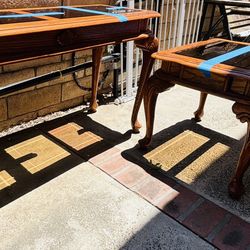 Vintage Wood Entryway/sofa Table And End Table With Glass Tops