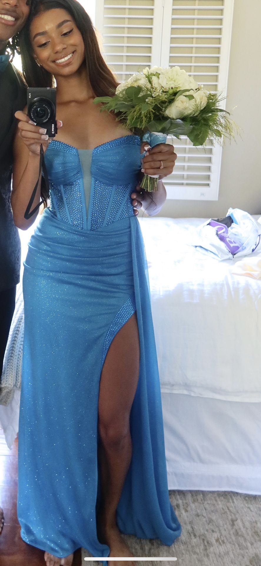 Blue sparkly prom dress with slit 