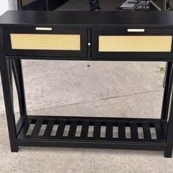 New in Box Console Table with 2 Rattan Drawers, W/ 3-Tier Storage Entry Table Black/White