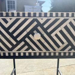 Modern Black & White Inlay Nightstand / Accent Table – Geometric Bone Pattern 