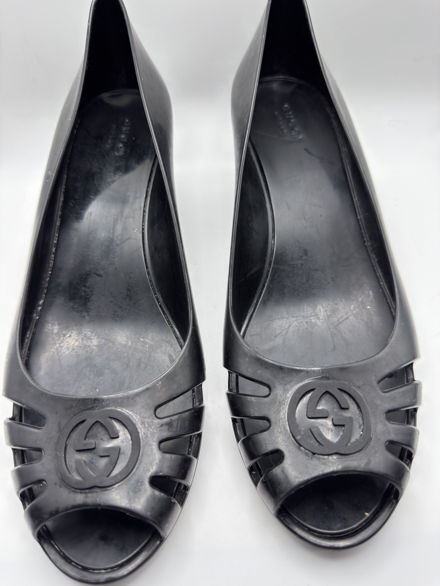 GUCCI GG Logo Wedge Sole Rubber Ope Toe Sandals Mules Pumps Shoes Women 