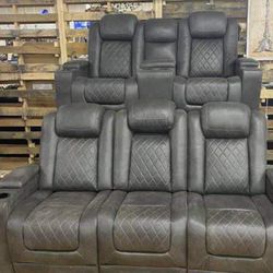 HyllMont Gray Power Reclining Sofa and Loveseat