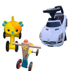 Jumbo Toddler Ride On Toy Lot - B. Toys Wooden Bike, Cat Buddy, Mercedes Push Car