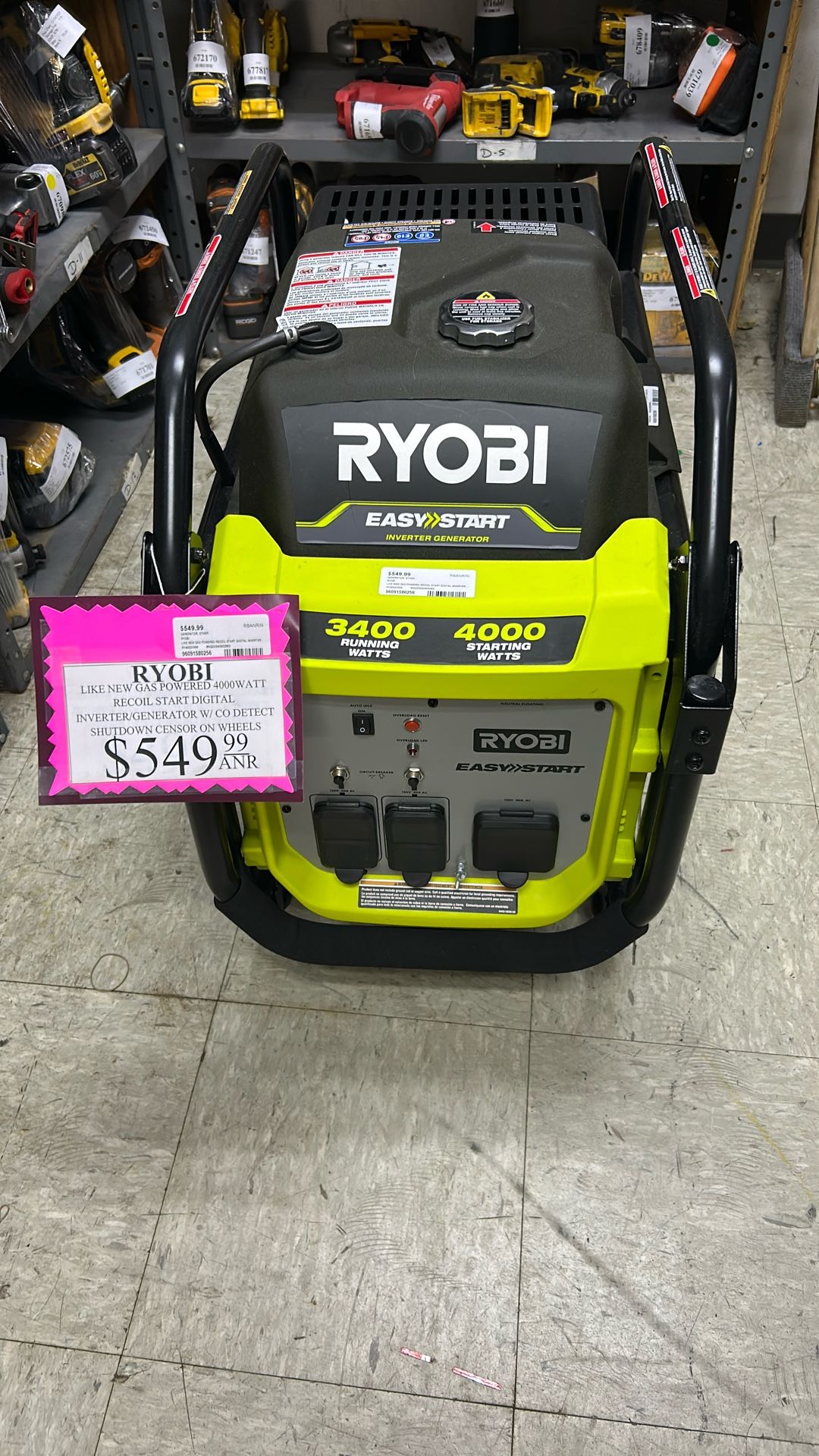 96091 Ryobi RY14022VNM Like New Gas Powered 4000watt Recoil Start Digital Inverter/ Generator On Wheels 580256