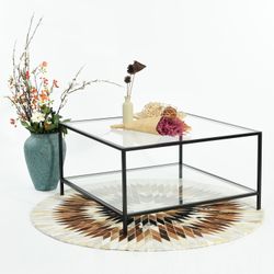 Homy Casa 31.5" Square Tempered Glass Coffee Table with Storage Shelf Black Metal Frame