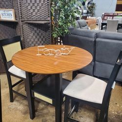 Dining - 2 - Person Set, Table with Slat Back Chairs, Oak and Antique Black Finish, Beige Linen(New)