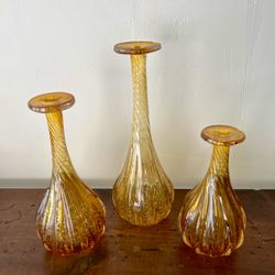 3 Handblown Amber Glass Vases Bubbles and Swirl Approx. 12”, 10” and 8” Tall