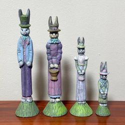 Vintage Set Of 4 Scioto Ceramic Rabbit Family Dressed For Easter Decor