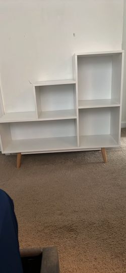 White Stepped Bookshelf with Wood Legs