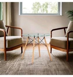 Fab Glass and Mirror Round Glass Dining Table with Wood Base ( Brand New, Never Used ) For $45