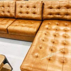 Orange L Shape 2 Piece Real Leather Sectional Couch - Baskove @ Fastest Delivery 🚚