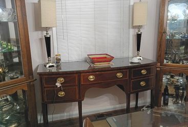 Kindel Mahogany Sideboard Server With Satinwood Inlay & Brass Pulls; it also has a custom cut glass top.