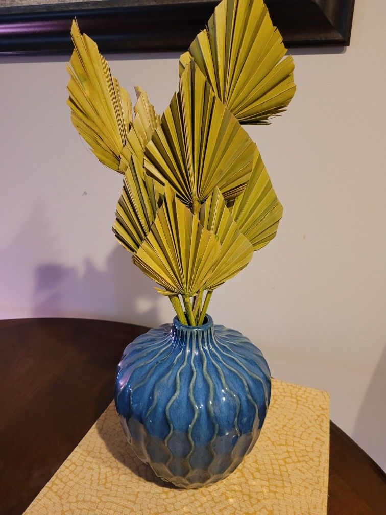 Glazed Blue Vase With Palm Decor