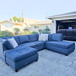 Dark Gray/Blue Sectional Couch Sofa Chaise Foot Rest Ottoman