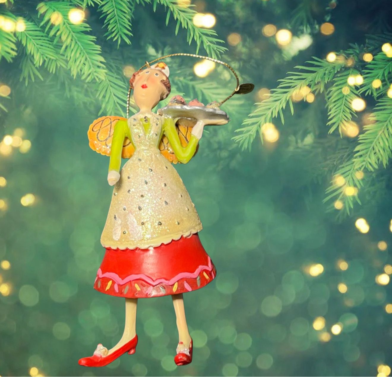 Judihuii Switzerland 2010s Bistro Waitress Fairy With Green Blouse Ornament, 5”