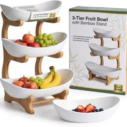 3‑Tier Fruit Bowl Stand for Kitchen Countertop, Removable Plastic Bowls with Bamboo Frame, Tiered Fruit Basket Organizer for Snacks, Desserts & Party 