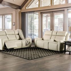 Brand New Beige Leather Power Reclining Sofa & Loveseat