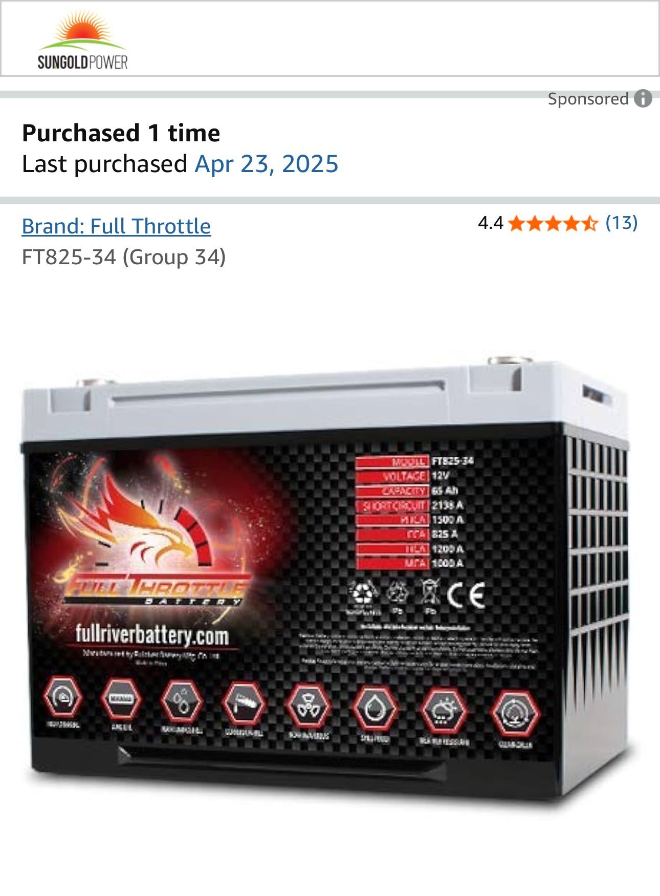 12v Full throttle Auto Battery New